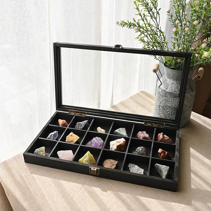 MOOCA Wooden Jewelry Display Case with Tempered Glass Lid & 18 Compartments Tray, Rock Collection Box, Crystal Display Case, Black Color - Image 7