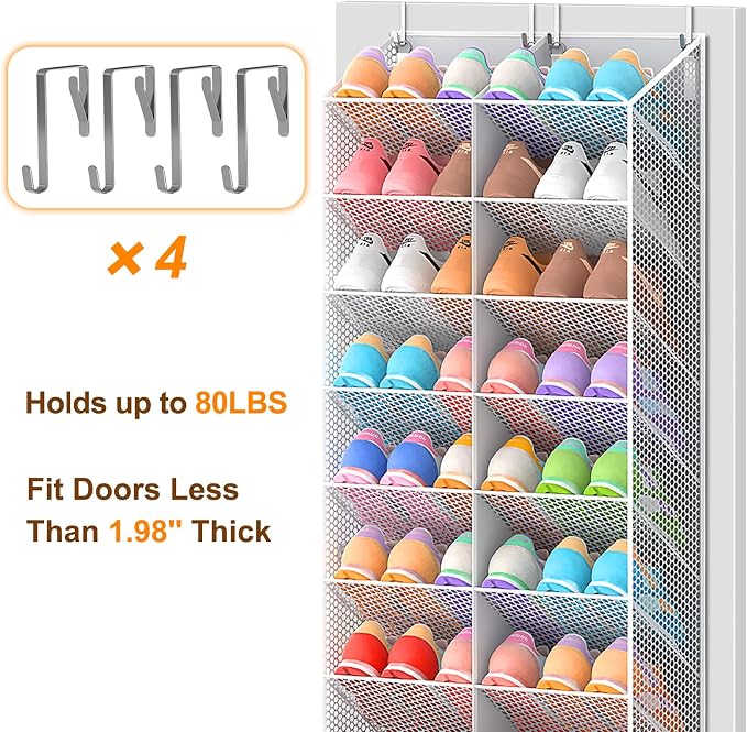 20-30 Pairs Over the Door Shoe Organizer, Breathable Mesh Pocket Hanging Shoe Storage for Closet, 10-Tier Door Shoes Rack, Handing Shoes Holder Fit All the Family's Sneakers, Boots, Heels, Light Grey - Image 5