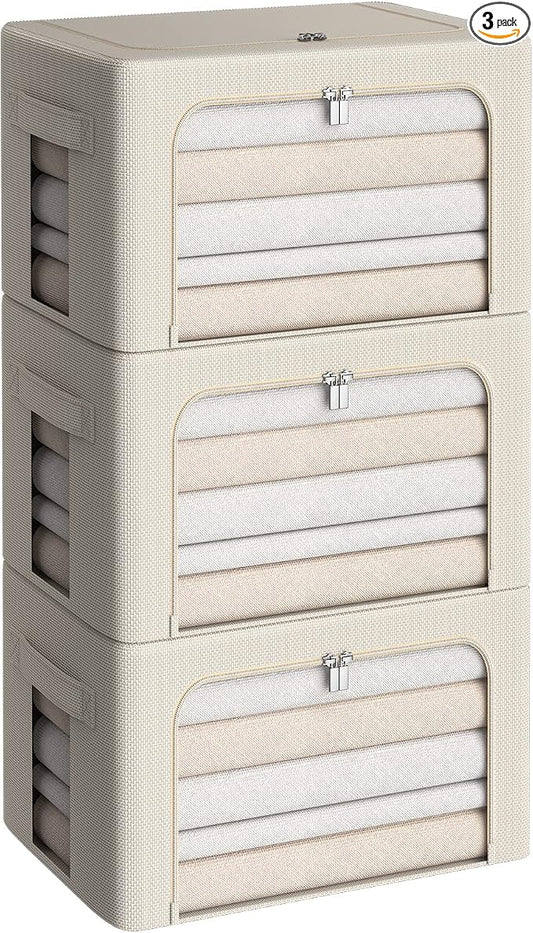 CYhom 3Pack Frame Storage Box - Clothes Storage Bin Bags Oxford Fabric Foldable Stackable Container Organizer Set with Clear Window & Carry Handles (Beige, X-Small-36L) by CYhom