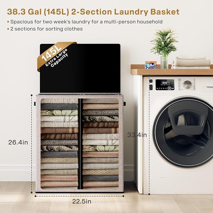 SOLEDI Large Double Laundry Hamper with Lid, Collapsible Clothes Hamper 2 section with Removable Bags, Space-Saving Laundry Basket for Bedroom, Dorm, College - Image 2