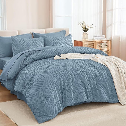Andency Oversized Queen Size Comforter Set with Sheets Grayish Blue - 7 Pieces Bed in a Bag Oversized Queen Boho Tufted Lightweight Bedding Sets with Comforter, Sheets, Pillowcases & Shams