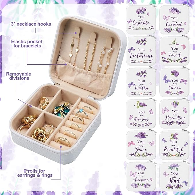 Kacctyen 12 Pcs Mini Travel Jewelry Case Bulk You Are Loved Mother's Day Church Gift Bulk Purple Butterfly Gift for Secretary Mother Girls Leather Travel Jewelry Case Mothers Day Church Gifts - Image 2