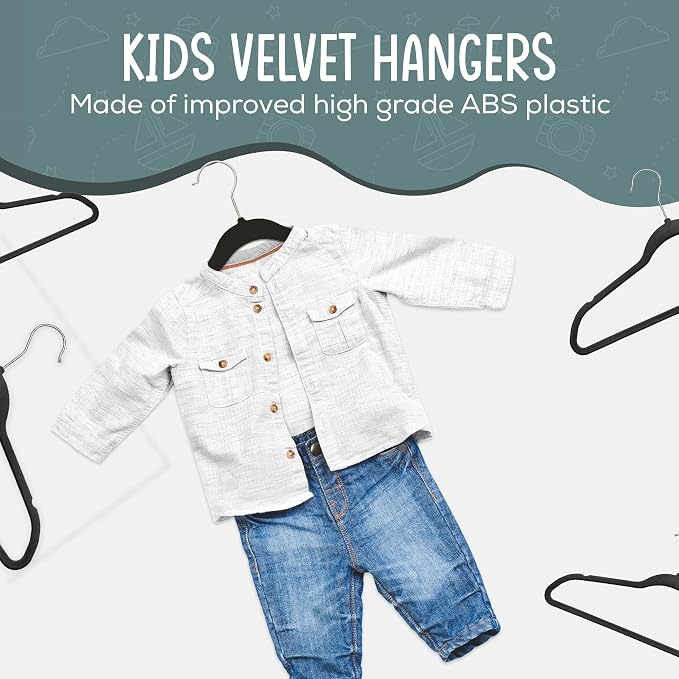 TechZoo 50 Premium Kids Velvet Hangers - 14" Non-Slip Clothes Hangers for Kids & Preteens - Ultra Slim, Space-Saving, Strong & Durable Hangers with 360° Swivel Hook - Black - Image 9