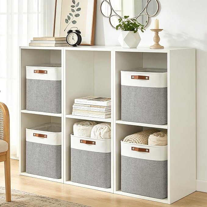 Bagnizer Large Fabric Storage Baskets | 50L Storage Bins, Decorative Linen Closet Baskets with Handles for Organizing, Shelf, Toys, Clothes, Home, Office, Nursery, 17x12x15Inches (Grey&White) - Image 3