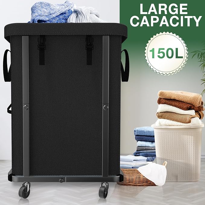 40 Gal(150L) High Grade Large Laundry Basket with Wheels, Rolling Laundry Hamper, Laundry Cart with Metal Frame and Removable Bag Design, Suitable for Laundry Room (Black, 150L) - Image 2