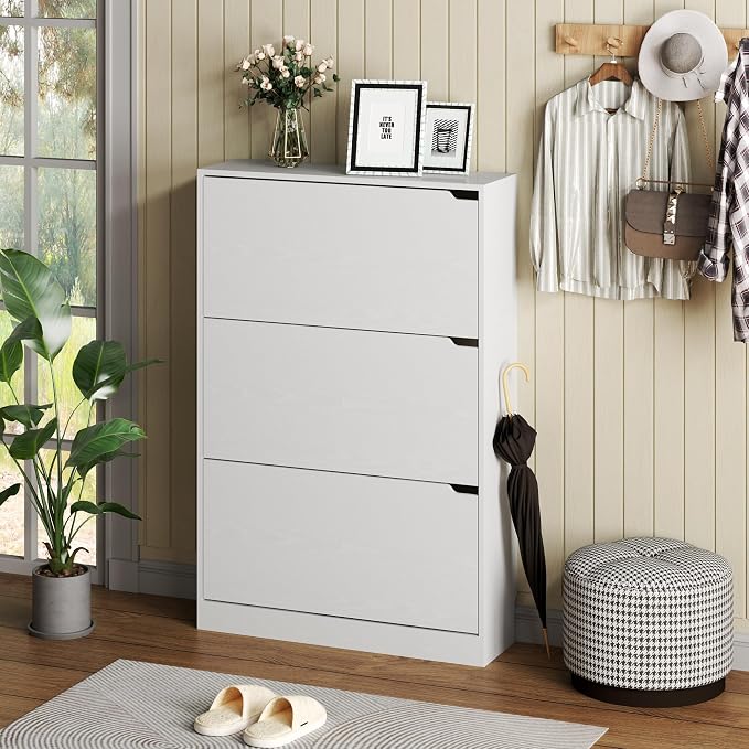 BORNOON Shoe Cabinet with 3 Flip Drawers, Hidden Wood Shoe Cabinet,Freestanding Shoe Storage Cabinet for Entryway Hallway.White. 47.2" H*31.5" W*9.45" D. - Image 3