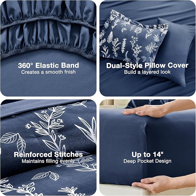 MUXHOMO Navy Blue Cal King Comforter Set, Elegant Floral Print Bed in a Bag 7 Pieces, Ultra Soft & Breathable Reversible Botanical Pattern Bedding Set with Comforter, Sheets, Pillowcases, and Shams