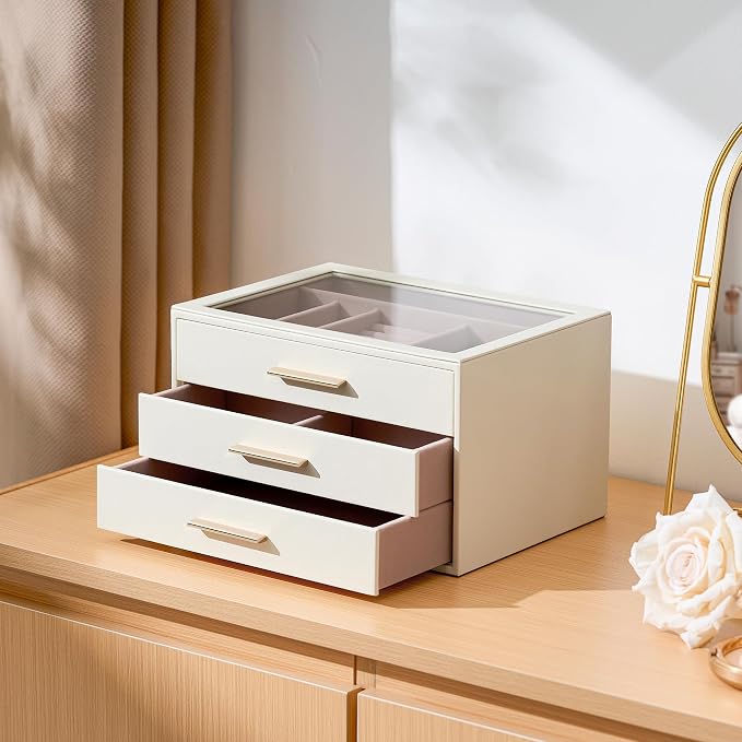 pickpiff Jewelry Box Organizer Case for Women: 3-Layer Jewelry Storage Case with Glass Window, Ivory Leather with Pink Velvet, Holder for Ring Necklace Bracelet Brooch Watch, Great Gift for Her - Image 6