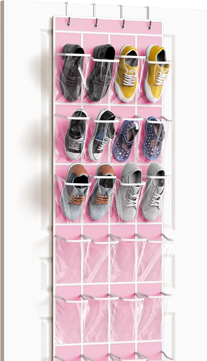 Simple Houseware 24 Pockets - Crystal Clear Over The Door Hanging Shoe Organizer, Pink (64'' x 19'') by SimpleHouseware