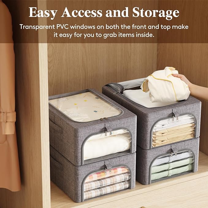 Lifewit Clothes Storage Bins with Metal Frame 6 Pack, Fabric Stackable Storage Bags with Lids, Zipper, Foldable Clost Organizers Containers for Clothing, Blanket, Winter Cloth, 25L