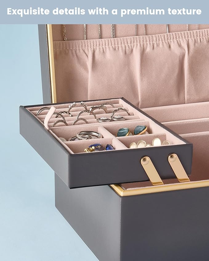 Lolalet Jewelry Box Organizer for Women Girls, 2 Layer Jewelry Organizers and Storage for Necklace Earrings Rings Bracelets, Large Jewellery Holder Case Birthday Valentine Gifts -Charcoal gray - Image 6
