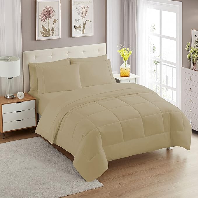 Sweet Home Collection 7 Piece Comforter Set Bag Solid Color All Season Soft Down Alternative Blanket & Luxurious Microfiber Bed Sheets, Taupe, Twin XL