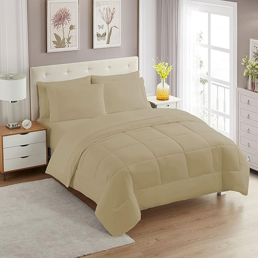 Sweet Home Collection 7 Piece Comforter Set Bag Solid Color All Season Soft Down Alternative Blanket & Luxurious Microfiber Bed Sheets, Taupe, Twin XL