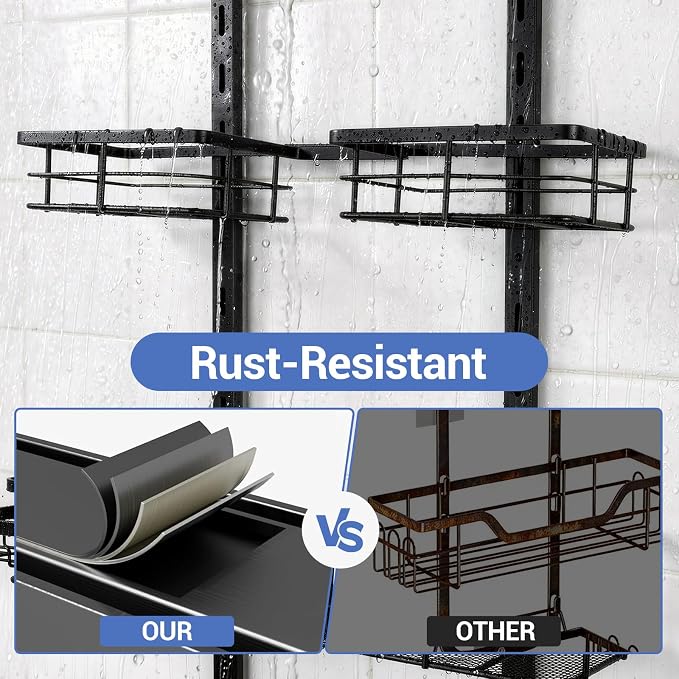Extra Large Shower Caddy Hanging, Rust-Resistant Shower Organizer Hanging, 3 Tier Height-Adjustable Over the Head Caddy, Rack with Soap Basket (Black) - Image 5