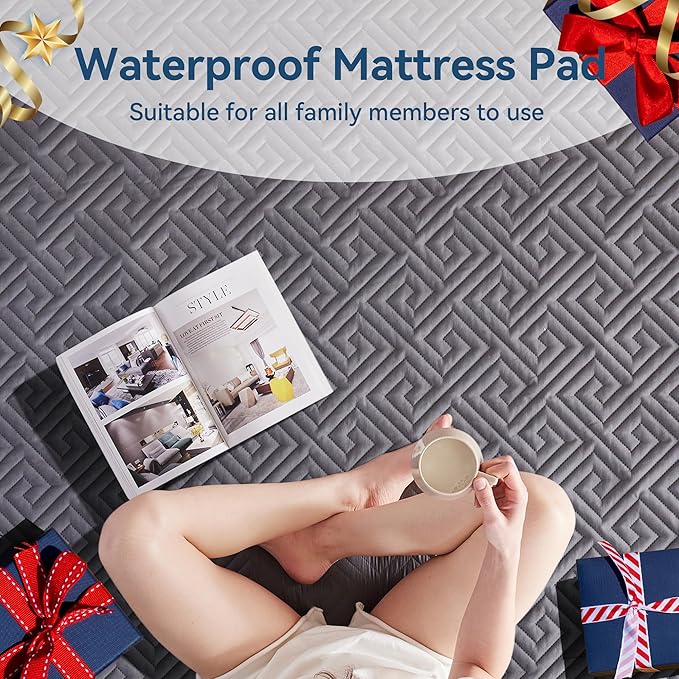 BDEUS Waterproof Mattress Protector Queen Size with Straps Noiseless Bed Cover Deep Pocket Fitted Up to 18" Depth Mattress Pad Soft Breathable Machine Washable for Bedroom, Hotel(Gray)