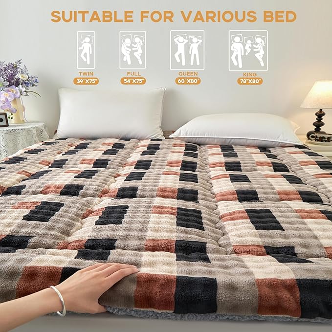 King Mattress Pad 78 x 80 inches, King Size Mattress Cover Warm Thicken Velvet Breathable and Comfortable with 4 Elastic Band, Deep Pocket Stretchable up to 15 inches Washable, Gray-Brown Grid