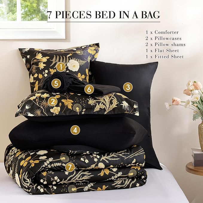 Yiran King Size Comforter Set, 7 Pieces Black Floral Soft Bedding Sets, King Bed in a Bag Brown Botanical Flowers Winter Comforter, Sheets, Pillowcases & Shams