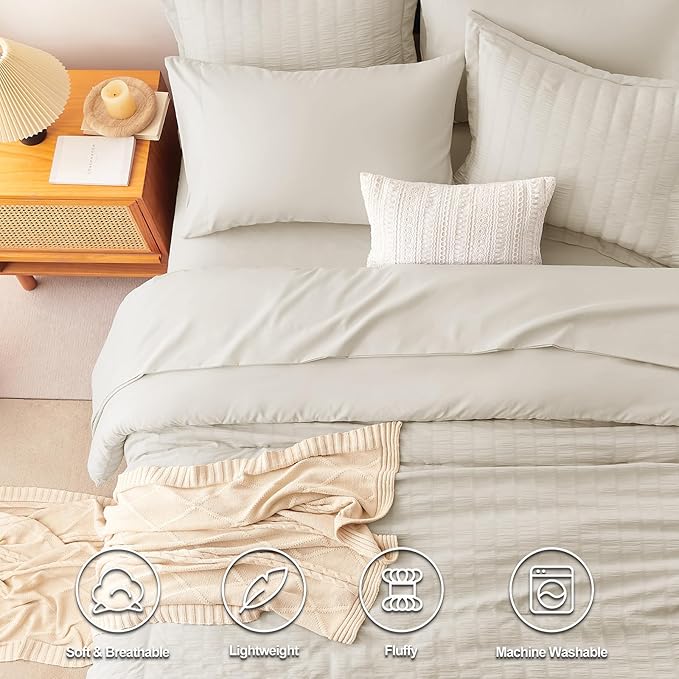 CozyLux Full Size Comforter Sets with Sheets 7 Pieces, Oatmeal Seersucker Bed in a Bag Textured Luxury Soft Bedding Sets with Down Alternative Comforter, Sheets, Pillowcases & Shams for All Season