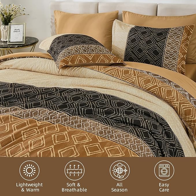 Dinjoy Boho Queen Comforter Set Brown,7 Piece Bed in a Bag Queen Size Warm Fall Bedding Sets Striped Comforters Bed Set with Sheets for Family All Season