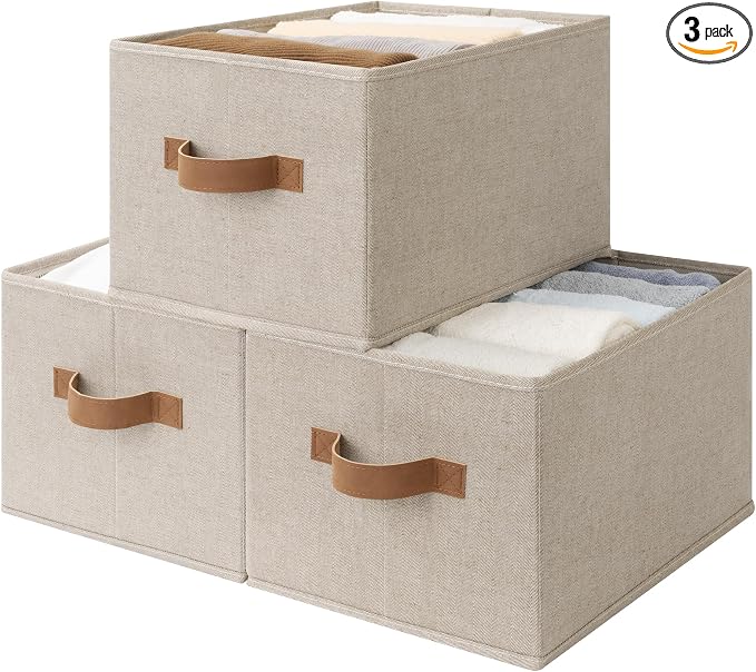 StorageWorks Shelf Baskets for Organization, Linen Closet Organizers and Storage Basket, Foldable Storage Bins, Closet Organizer Bins for Clothes, Brown & Beige, 3-Pack, Large by StorageWorks