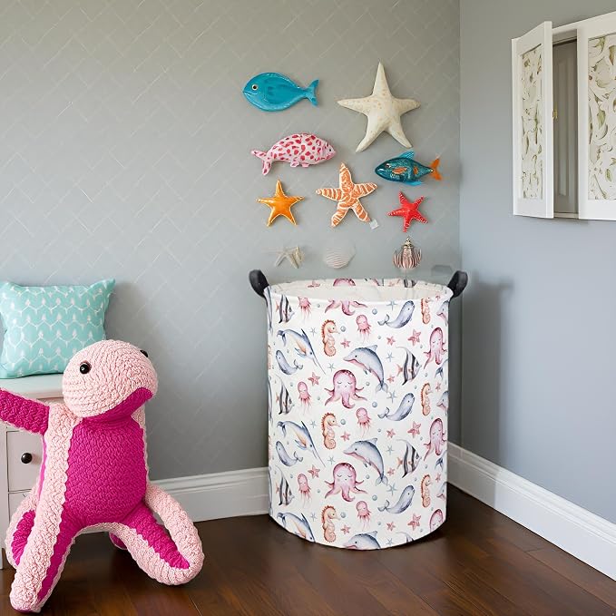 HIYAGON Baby Laundry Basket Baby Hamper for Nursery Girl Kids Ocean Hamper Cute Kids Toys Storage Bin Organizer Pink Room Decor for Home(Pink Ocean) - Image 4