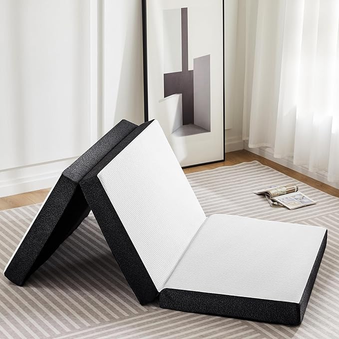 Folding Memory Foam Mattress, 4" Tri-Fold Full Mattress Topper with Washable Cover, Non-Slip Portable Guest Floor Bed for Travel Camping