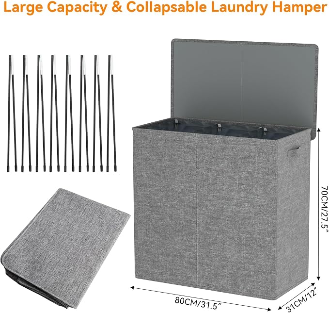 WOWLIVE 180L Laundry Hamper with Lid 3 Section,Large Laundry Basket with Removable Bags and Handles,Collapsible Dirty Clothes Hampers for Laundry,Laundry Basket Organizer for Laundry Room,Dorm,Grey - Image 5