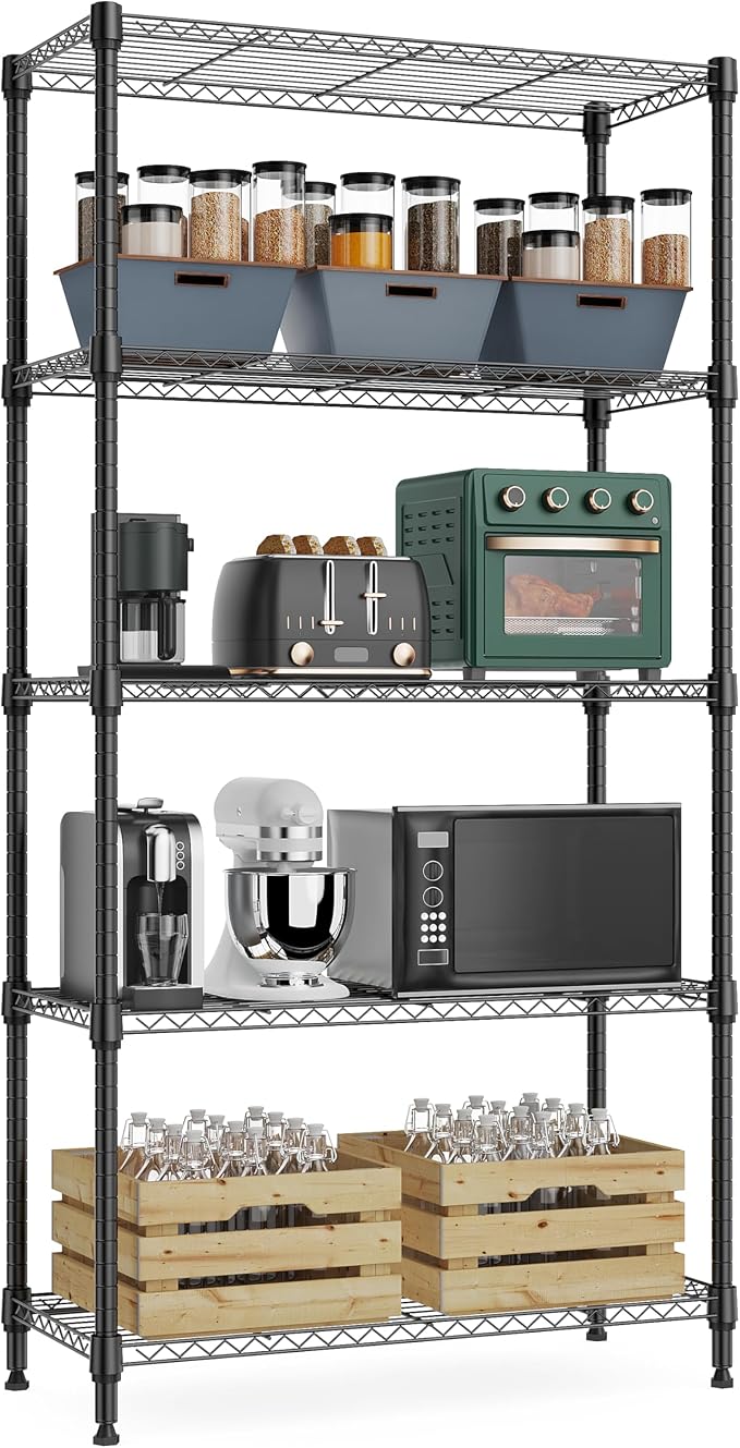 M MZG 1250 lbs 5 Tier Shelf Metal Storage Shelves Wire Rack Closet Organizers with Wheel for Garage Kitchen Bathroom Laundry Black 13.7" D x 23.6" W x 62.4" H by MEIGAOPLASTICANDMETALHKCOLIMITED