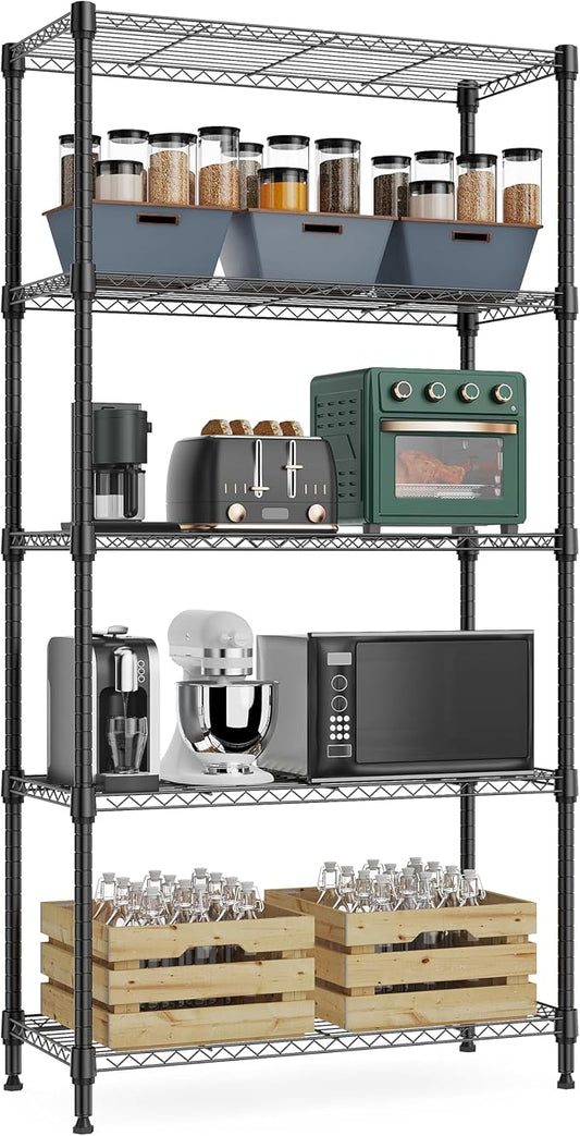 M MZG 1250 lbs 5 Tier Shelf Metal Storage Shelves Wire Rack Closet Organizers with Wheel for Garage Kitchen Bathroom Laundry Black 13.7" D x 23.6" W x 62.4" H by MEIGAOPLASTICANDMETALHKCOLIMITED