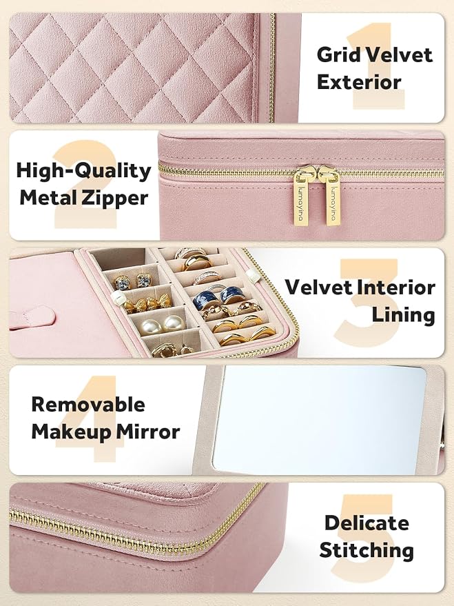 Velvet Travel Jewelry Box with Large Mirror, Double-Layer Jewelry Organizer Case for Women and Girls, Portable Storage Case with 6 Anti-Tarnish Bags Gift Ready for Her (Blush Pink) - Image 5