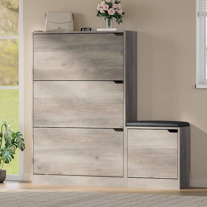 BORNOON Shoe Cabinet with Bench and 3 Flip Drawers, Slim Narrow Shoe Storage Cabinet, Freestanding Shoe Rack Organizer with Adjustable & Removable Shelves, Anti-Tip for Entryway, Hallway, Foyer - Image 3
