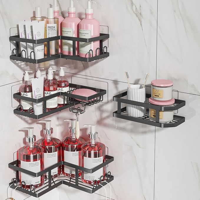 Youvip Shower Caddy Corner with Soap Holder, No Drilling Shower Shelves-Rustproof, Adhesive Shower Organizer Corner for Dorm. Black, 4-Pack - Image 8