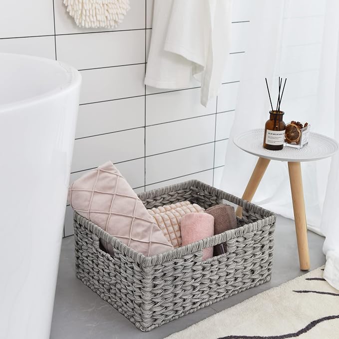 GRANNY SAYS Large Wicker Basket for Storage, Waterproof Baskets for Shelves, Storage Baskets with Handles, Grey Basket for Storage, 1-Pack - Image 3