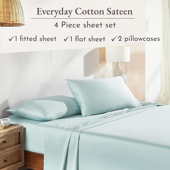California Design Den Queen Sheet Set - Natural 100% Cotton Sheets Queen Size Bed Set with Deep Pockets, Soft Sateen Weave, Breathable and Durable Bedding (Seafoam)
