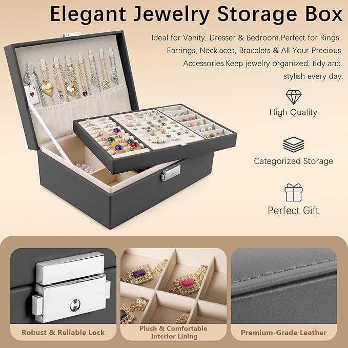 Homeanda Jewelry box 2 layer Jewelry box Leather Jewelry boxes for Women Girls Teens Jewelry organizer box Jewelry Storage box with lock(Black) - Image 4
