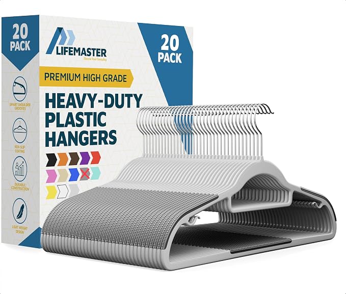 Lifemaster Plastic Clothes Hanger Set - 20 Pieces Versatile, Lightweight, Space-Saving, Non-Slip, Slim Designed, Dry and Wet Clothes Hanger Set with 360° Swivel Hook and Rubber Coating - Gray by LIFEMASTER