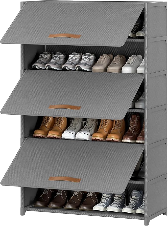 Shoe Rack, 7 Tier Shoe Storage Cabinet with Door 28 Pair Plastic Shoe Shelves Organizer for Closet, Entryway, Hallway, Bedroom, Grey by UNITSTAGE