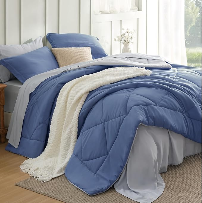 Bedsure Twin XL Comforter Set - 5 Pieces Reversible Twin XL Bed in a Bag, Infinity Blue and Grey with Comforters, Sheets, Pillowcase & Sham