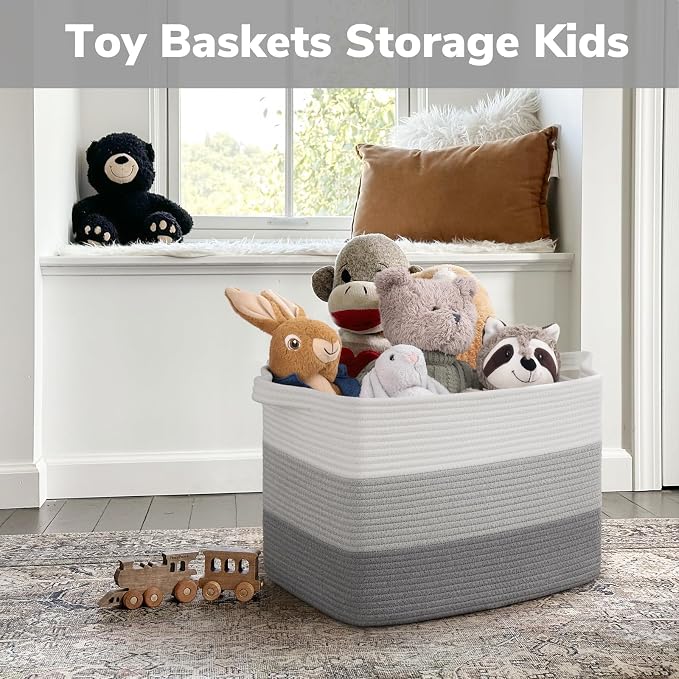 Goodpick Large Woven Basket, Rectangle Rope Storage Baskets for Organizing, Blanket Basket with Handles for Living Room, Nursery, Gradient Gray, 18 x 14 x 12 Inches - Image 4