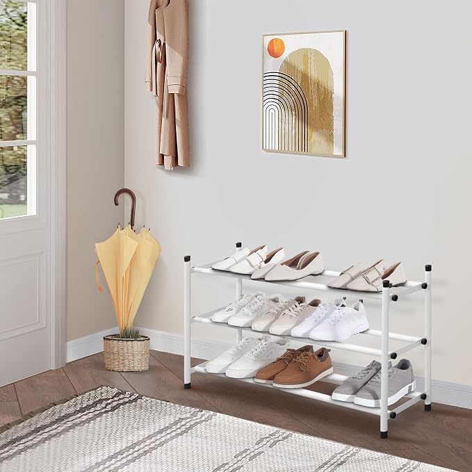 STORAGE MANIAC Expandable Shoe Rack, 12 Pairs Stackable Small Shoe Rack, Metal Adjustable Shoes Organizer for Closet, Entryway, Hallway, Garage, Front Door, Shoes Shelves, White 3 Tier - Image 7