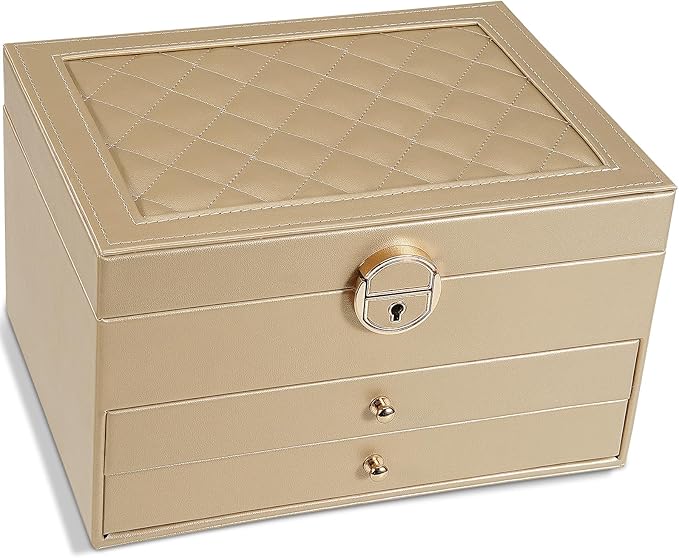 GUOER Jewelry Box for Women Girl Wife 3 Layers Large PU Leather Jewelry Organizer Storage Case with Two drawers Display for Earrings Bracelets Rings Watches (Champagne) by GUOER