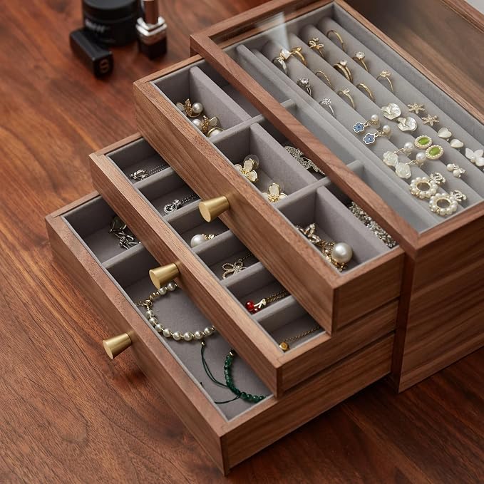 Black Walnut Jewelry Organizers and Storage,3 Layer Wooden Jewelry Boxes for Women,for Necklaces Ring Earring (3 Layer) - Image 4