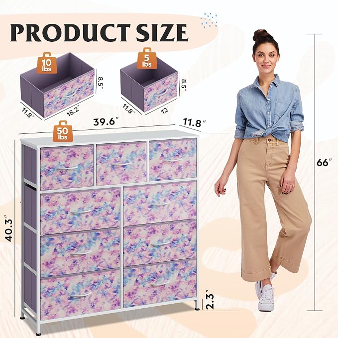 WLIVE 9 Drawer Dresser, Fabric Storage Tower for Bedroom, Hallway, Closet, Tall Chest Organizer Unit for Bedroom with Fabric Bins, Steel Frame, Wood Top, Tie-dye Print (Pink, Purple, Blue) - Image 3