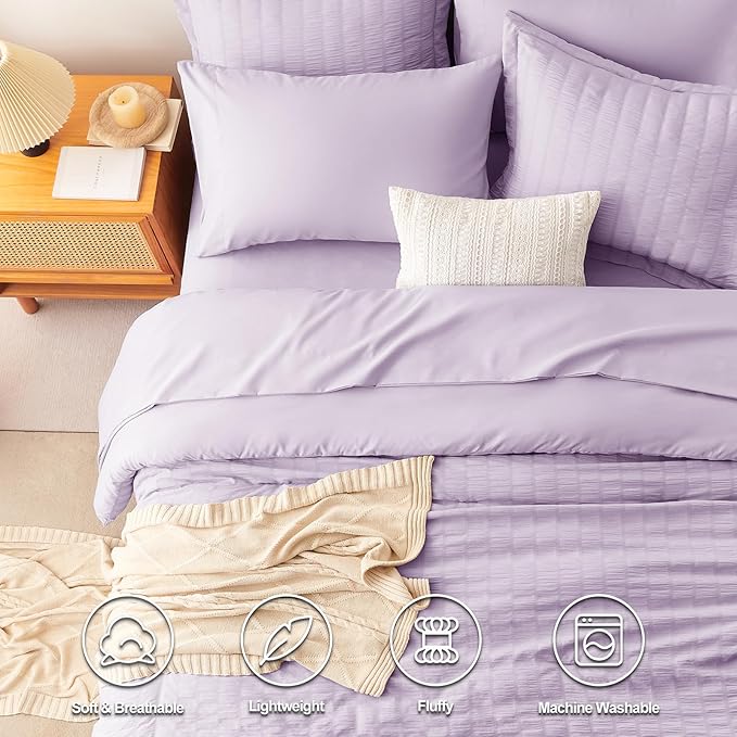 CozyLux Full Size Comforter Sets with Sheets 7 Pieces, Light Purple Seersucker Bed in a Bag Textured Luxury Soft Bedding Sets with Down Alternative Comforter, Sheets, Pillowcases & Shams, Lavender