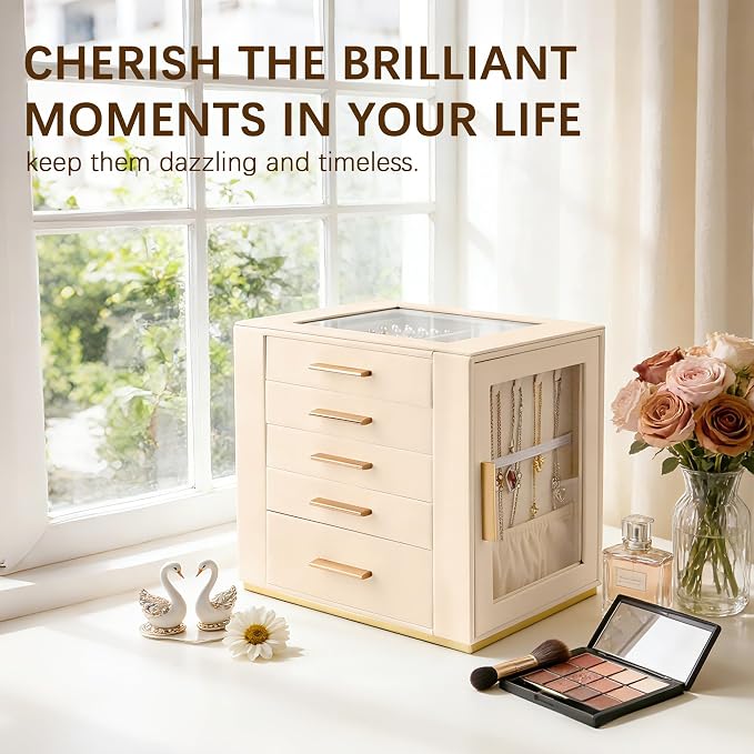 Homeanda Jewelry Box for Women with Glass Lid, 5 Drawers Jewelry Organizer and Storage for Necklaces, Rings, Earrings, Bracelets, Gift for Girls and Teens,PU Leather (Beige) - Image 7