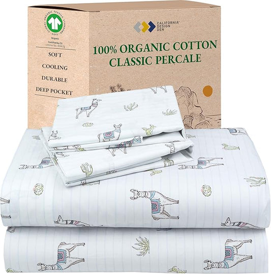 California Design Den Printed Sheets King Size Set - 100% Organic Cotton, Soft and Crisp Percale, Durable Deep Pocket King Sheets & Pillowcase Set - Llama