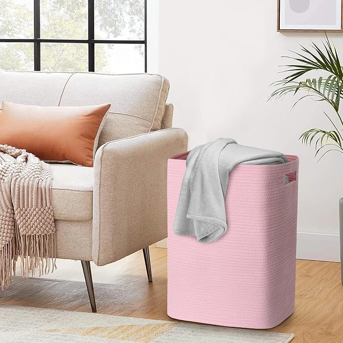 MEGASKET Large Laundry Hamper 16"x13"x22" - Tall Woven Laundry Basket, Cotton Rope Dirty Clothes Hamper, Baby Kids Nursery Wicker Laundry Basket, Bedroom Aesthetic, Soft Laundry Bin, Pink Hamper, 75L - Image 6