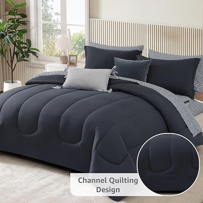 Monbix Queen Comforter Set - 7 Pieces Blue Grey Bed in a Bag Queen Track Stitching Bedding Sets, All Seasons Comforter Bed Set with Sheets, Pillowcases & Shams