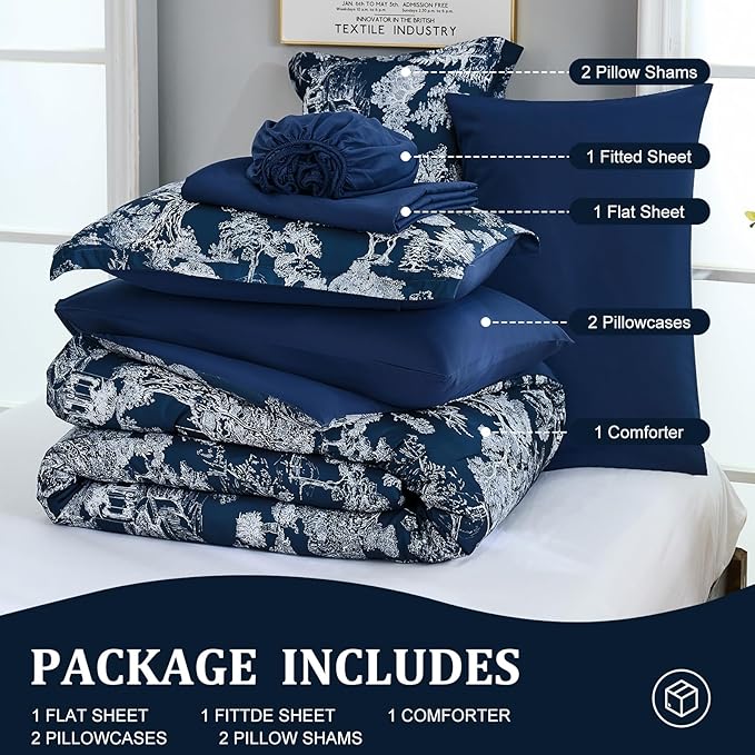 DJY King Size Comforter Sets, 7 Pieces Bed in a Bag King Dark Blue Botanical Comforter Set with Sheets, White Elegant Plants Print Soft Microfiber Reversible Complete Bedding Sets for All Season