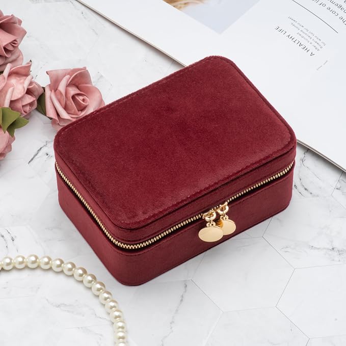Velvet Travel Jewelry Organizer Box with Zipper Around,Portable Accessory Display Tray Holder Storage Case for Multiple Earrings Rings Necklaces Bracelets (Red) - Image 5